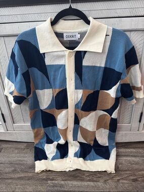 OXKNIT Short-Sleeve Geometric Polo in Blue/Tan/Cream